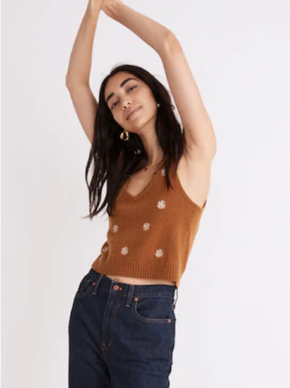 NWOT Madewell Embroidered Floral Sweater Tank Small Brown Camel Boho Cottagecore